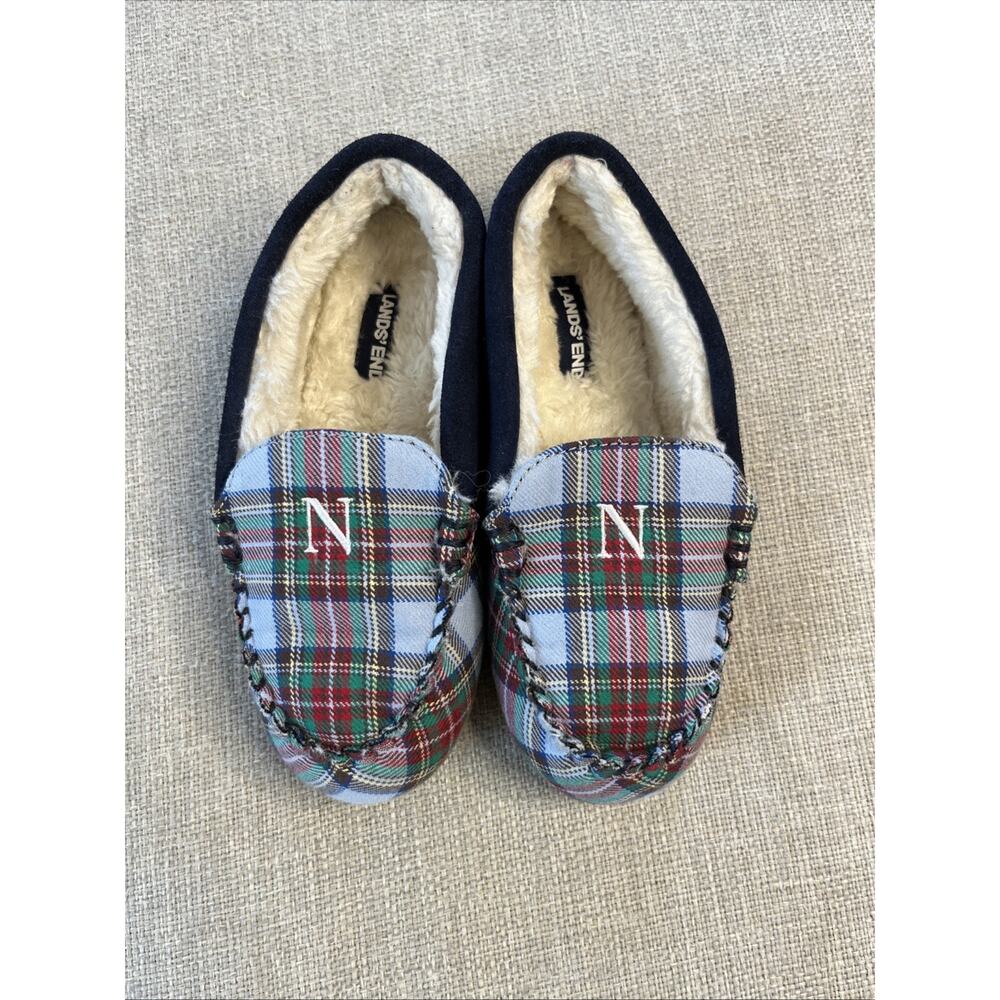 Lands' End Size 1 Childs Suede Slippers Moccasin Navy Blue Faux Fur Monogram “N”